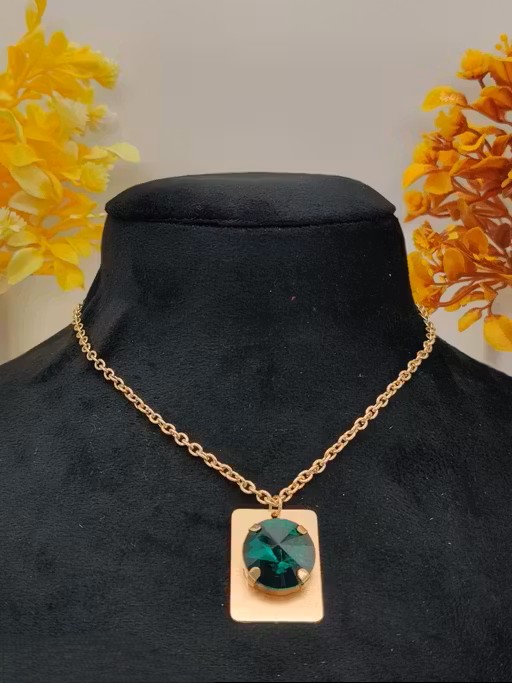 Anti-Tarnish Golden Finish Geometric Pendant Set with Green Stone and Matching Earrings - Image 2