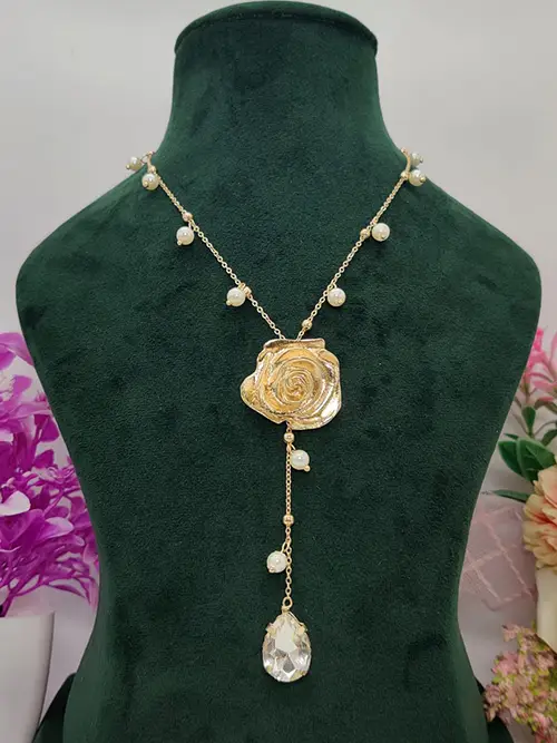 Anti-Tarnish Golden Finish Necklace with Floral Pendant and Pearl Drops