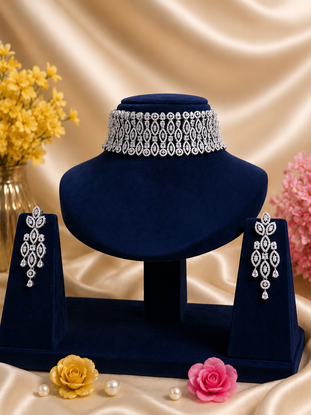 Elegant Silver Finish CZ Designer Choker Set with Long Statement Earrings