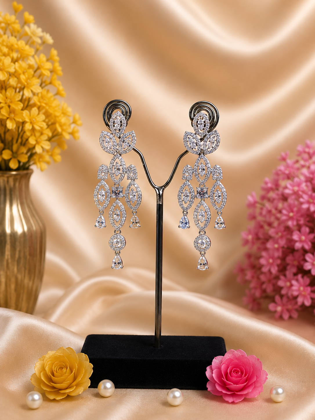 Elegant Silver Finish CZ Designer Choker Set with Long Statement Earrings - Image 3