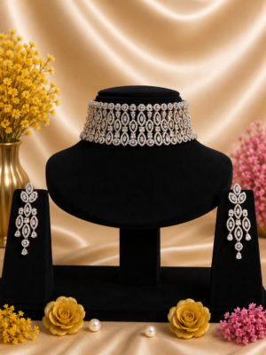 Elegant Gold Finish CZ Designer Choker Set with Long Statement Earrings | Premium Fashion Jewelry