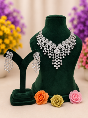 Crystal Luxe – White Stone CZ Statement Necklace Set with Long Drop Earrings