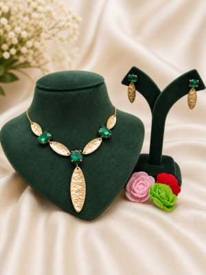 Minimal Anti-Tarnish Golden Leaf Necklace Set with Emerald Stone Accents