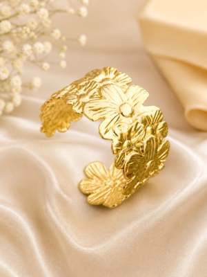 Golden Bloom – Stainless Steel Floral Statement Cuff Bracelet