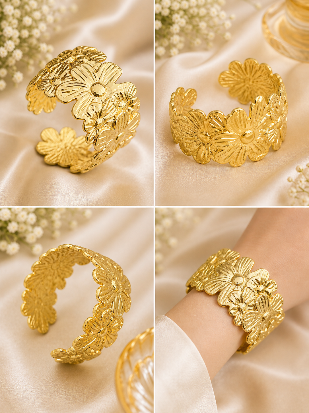 Golden Bloom – Stainless Steel Floral Statement Cuff Bracelet - Image 2