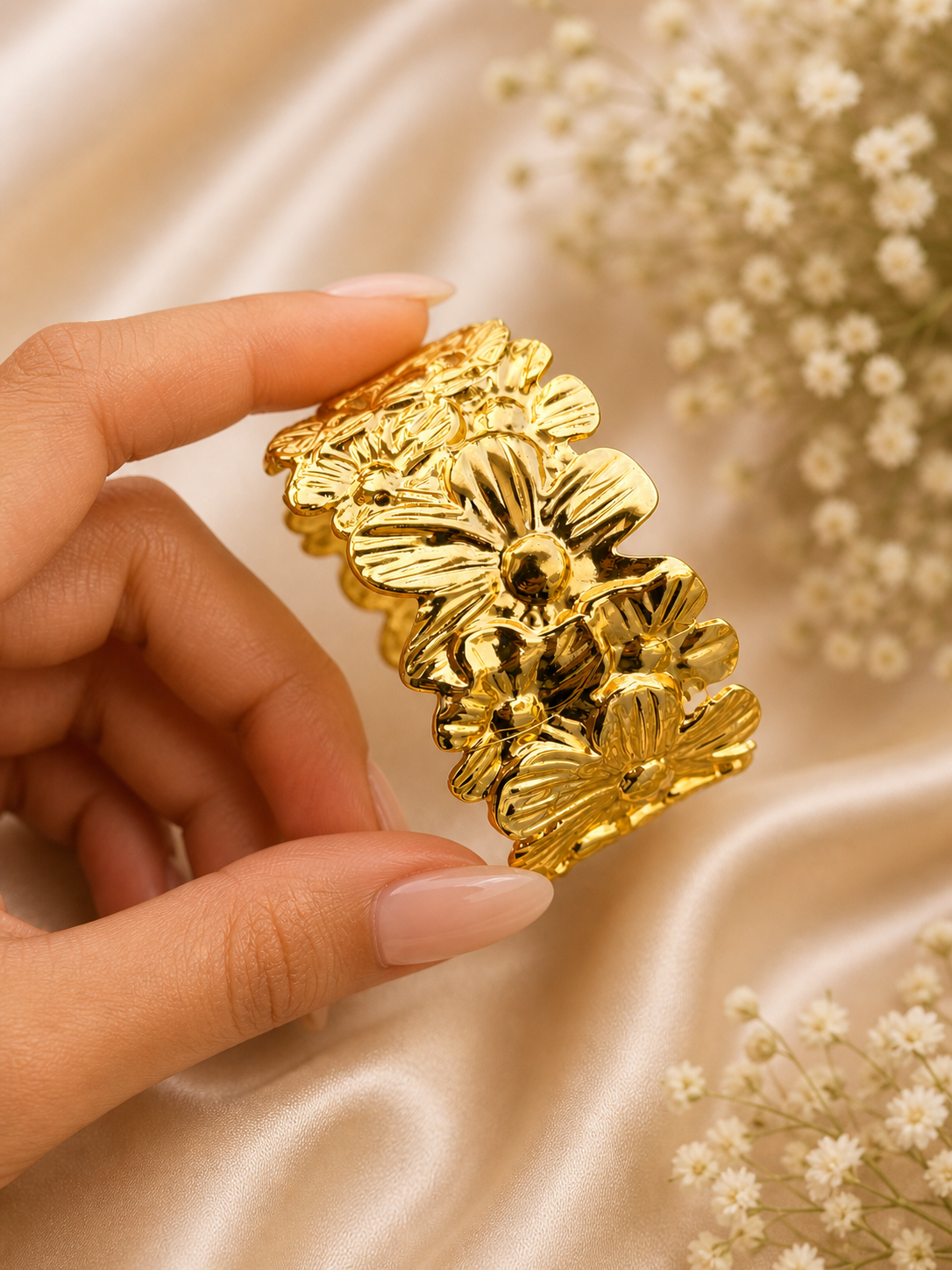 Golden Bloom – Stainless Steel Floral Statement Cuff Bracelet - Image 3