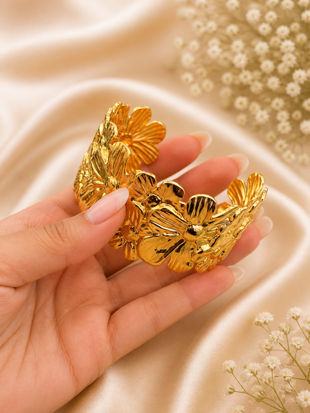 Golden Bloom – Stainless Steel Floral Statement Cuff Bracelet - Image 4