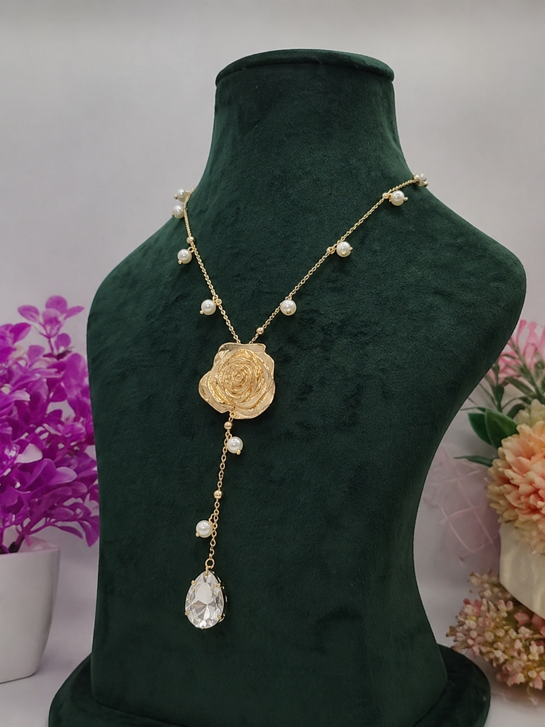 Anti-Tarnish Golden Finish Necklace with Floral Pendant and Pearl Drops - Image 3