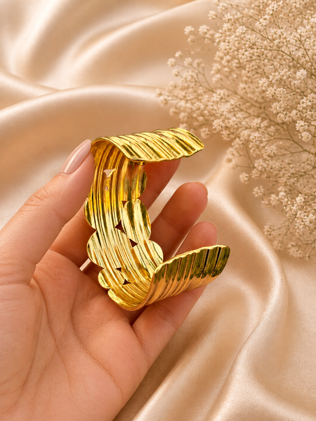 Golden Finish Stainless Steel Textured Statement Cuff Bracelet - Image 2