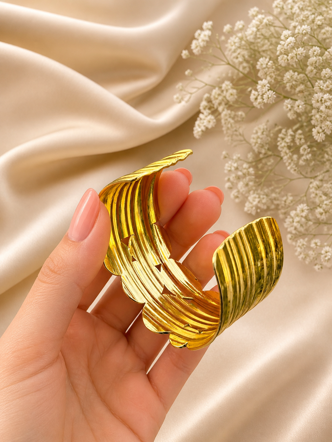 Golden Finish Stainless Steel Textured Statement Cuff Bracelet - Image 3