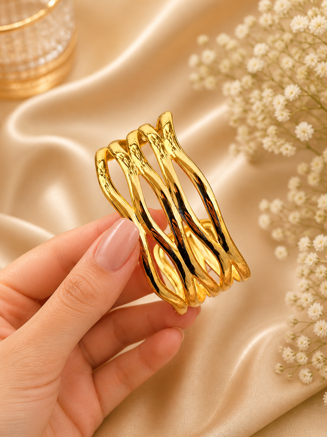 Golden Flow – Stainless Steel Golden Finish Abstract Cuff Bracelet - Image 2