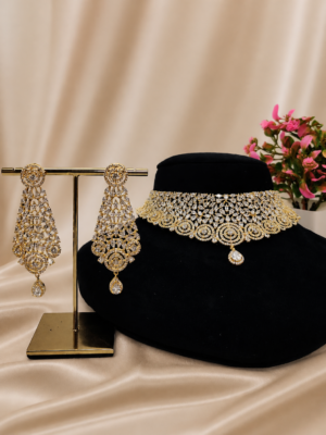 Luxury Gold Finish CZ Mesh Design Choker Set with Long Statement Earrings