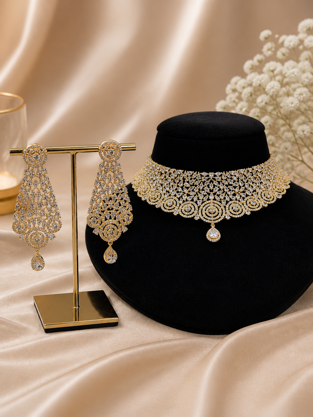 Luxury Gold Finish CZ Mesh Design Choker Set with Long Statement Earrings - Image 2