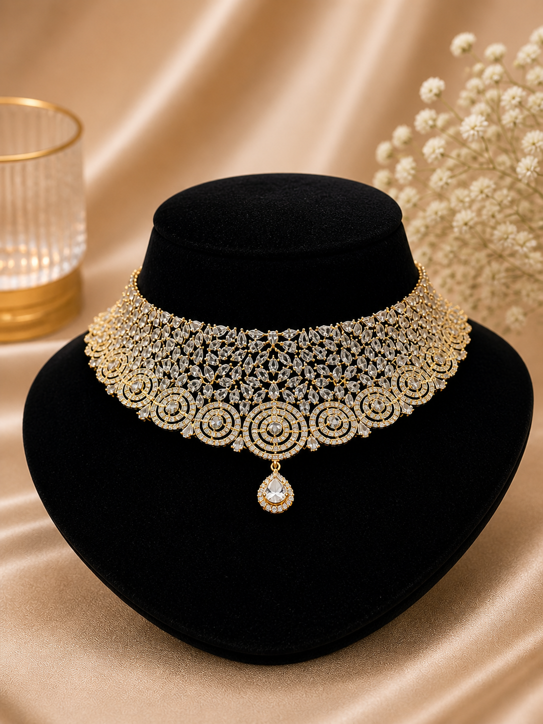Luxury Gold Finish CZ Mesh Design Choker Set with Long Statement Earrings - Image 3