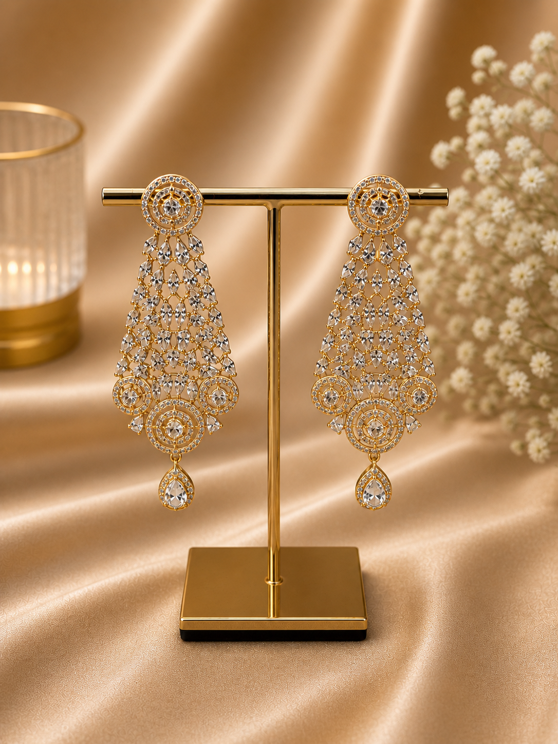 Luxury Gold Finish CZ Mesh Design Choker Set with Long Statement Earrings - Image 4