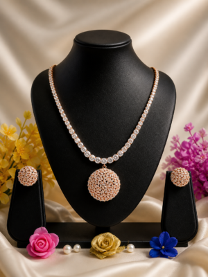 Blush Radiance – Rose Gold Finish CZ Pendant Necklace Set with Earrings