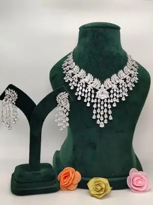 Crystal Luxe – White Stone CZ Statement Necklace Set with Long Drop Earrings