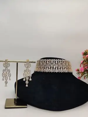 Elegant Gold Finish CZ Designer Choker Set with Long Statement Earrings