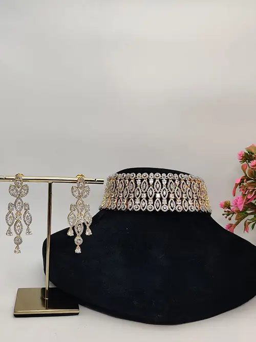 Elegant Gold Finish CZ Designer Choker Set with Long Statement Earrings