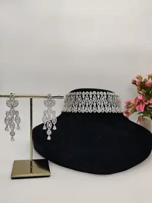 Elegant Silver Finish CZ Designer Choker Set with Long Statement Earrings