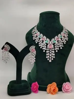 Pastel Glow – Multicolor Stone CZ Statement Necklace Set with Long Drop Earrings