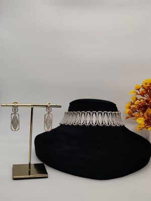 Sleek CZ Oval Choker Set with Minimal Drop Earrings