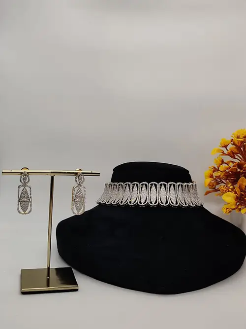 Sleek CZ Oval Choker Set with Minimal Drop Earrings