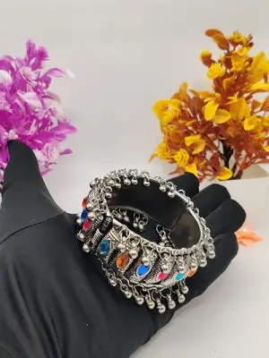 Tribal Charm – Oxidised Silver Finish Multicolor Stone Bracelet