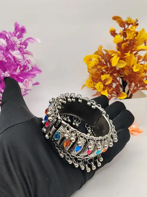 Tribal Charm – Oxidised Silver Finish Multicolor Stone Bracelet