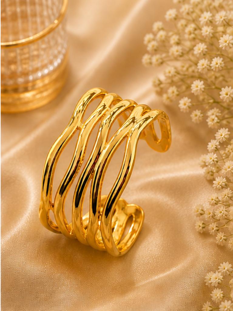 Golden Flow – Stainless Steel Golden Finish Abstract Cuff Bracelet - Image 3