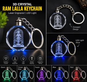 LED Light Crystal Keychain for Men & Women | Ram Lalla 3D Laser Engraved Multicolor Keychain