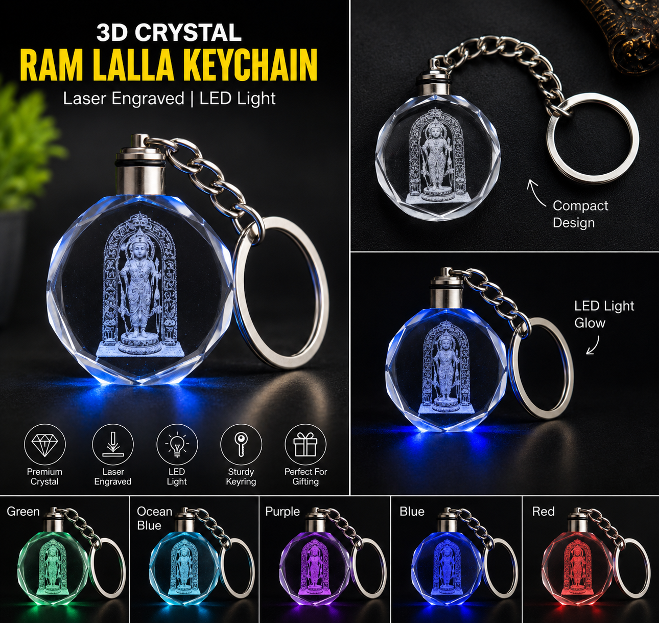 LED Light Crystal Keychain for Men & Women | Ram Lalla 3D Laser Engraved Multicolor Keychain