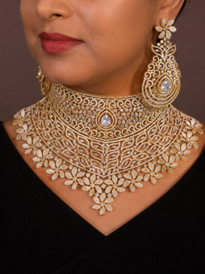 Luxury CZ Floral Statement Choker Set with Matching Earrings | Gold-Plated Premium Party Wear Jewelry