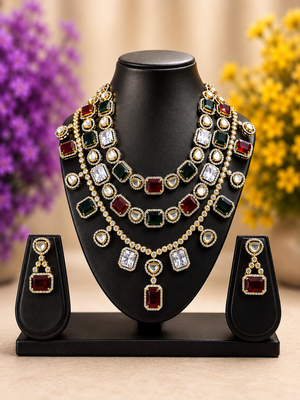 Luxury Multi-Layer CZ Necklace Set with Matching Earrings | Designer Party Wear Jewelry