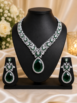 Luxury Green CZ Bridal Necklace Set with Matching Earrings | Emerald Drop Wedding Jewellery Set for Women | Premium Cubic Zirconia