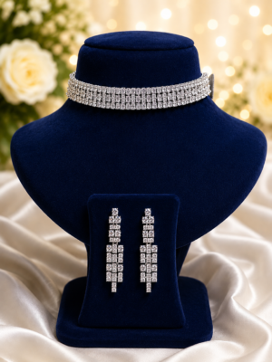 Luxury Silver CZ Choker Necklace Set with Long Earrings | Cubic Zirconia Jewellery Set for Women | Wedding, Reception & Party Wear